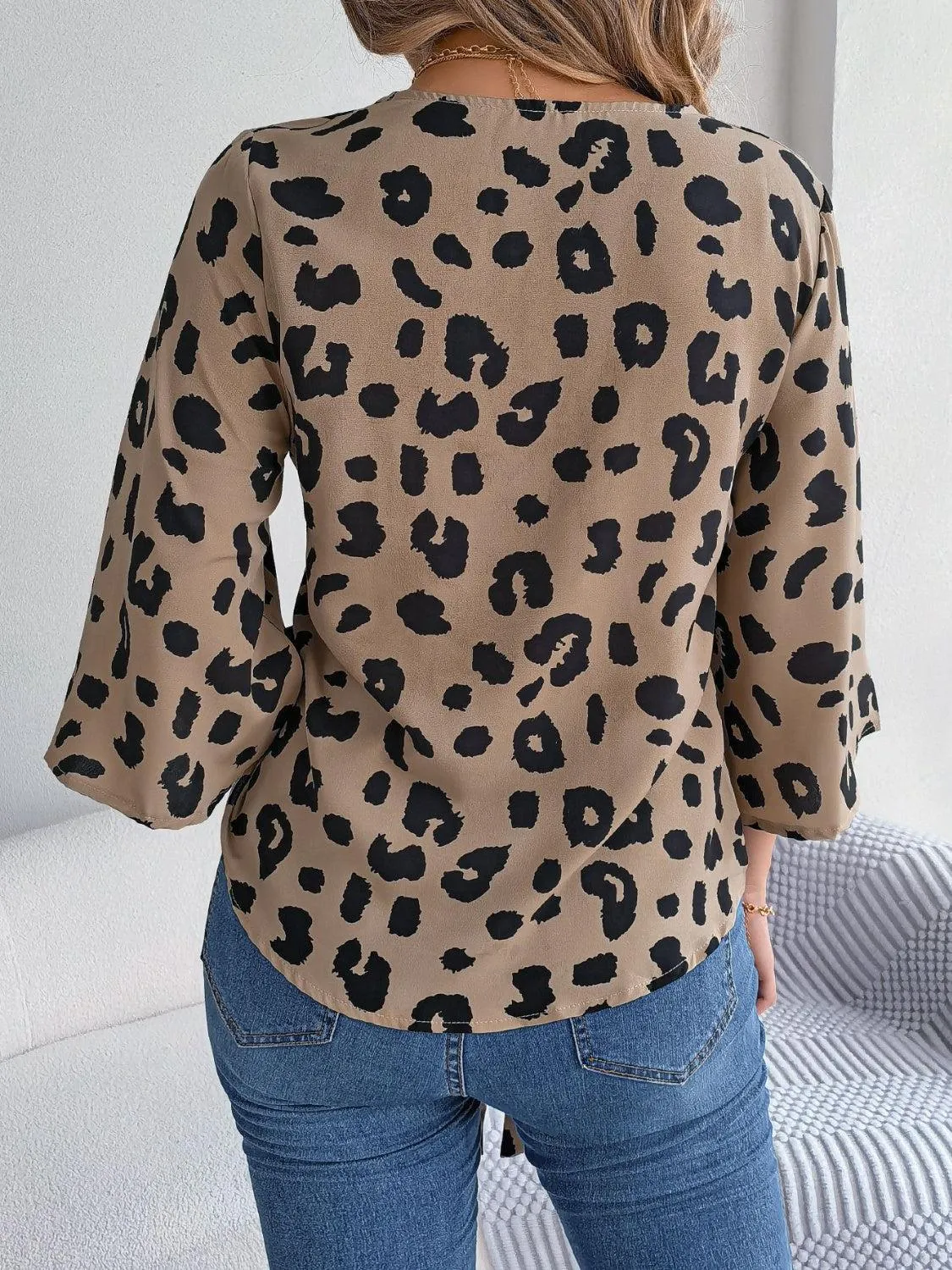 Leopard Print Tie Front Three Quarter Sleeve Blouse