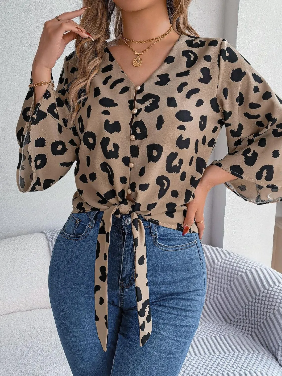 Leopard Print Tie Front Three Quarter Sleeve Blouse