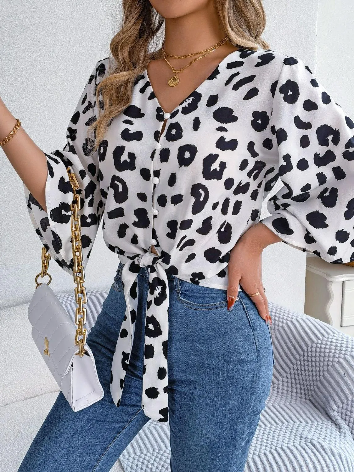 Leopard Print Tie Front Three Quarter Sleeve Blouse