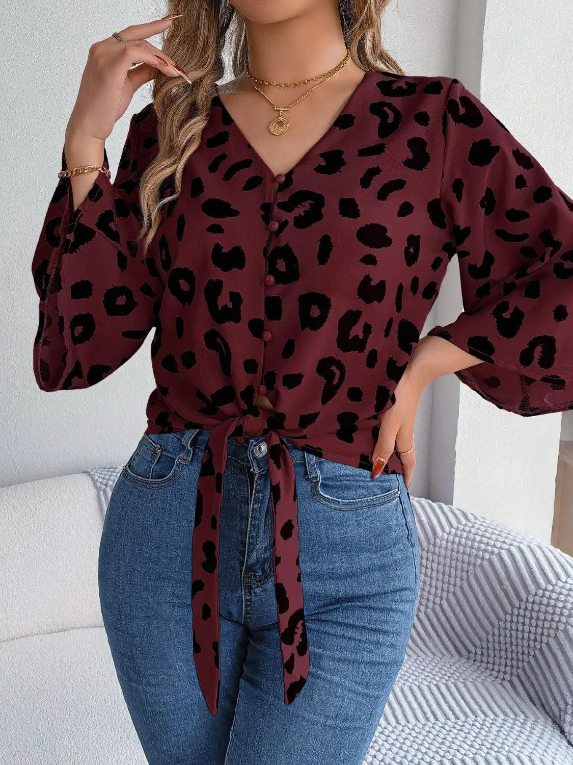 Leopard Print Tie Front Three Quarter Sleeve Blouse