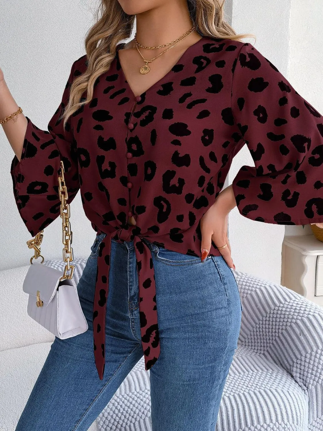 Leopard Print Tie Front Three Quarter Sleeve Blouse