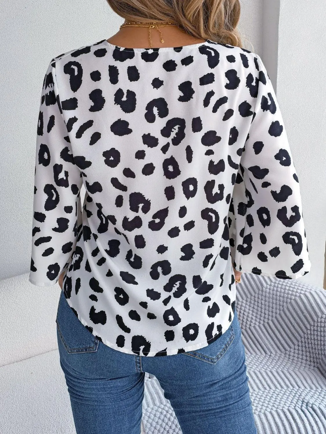 Leopard Print Tie Front Three Quarter Sleeve Blouse