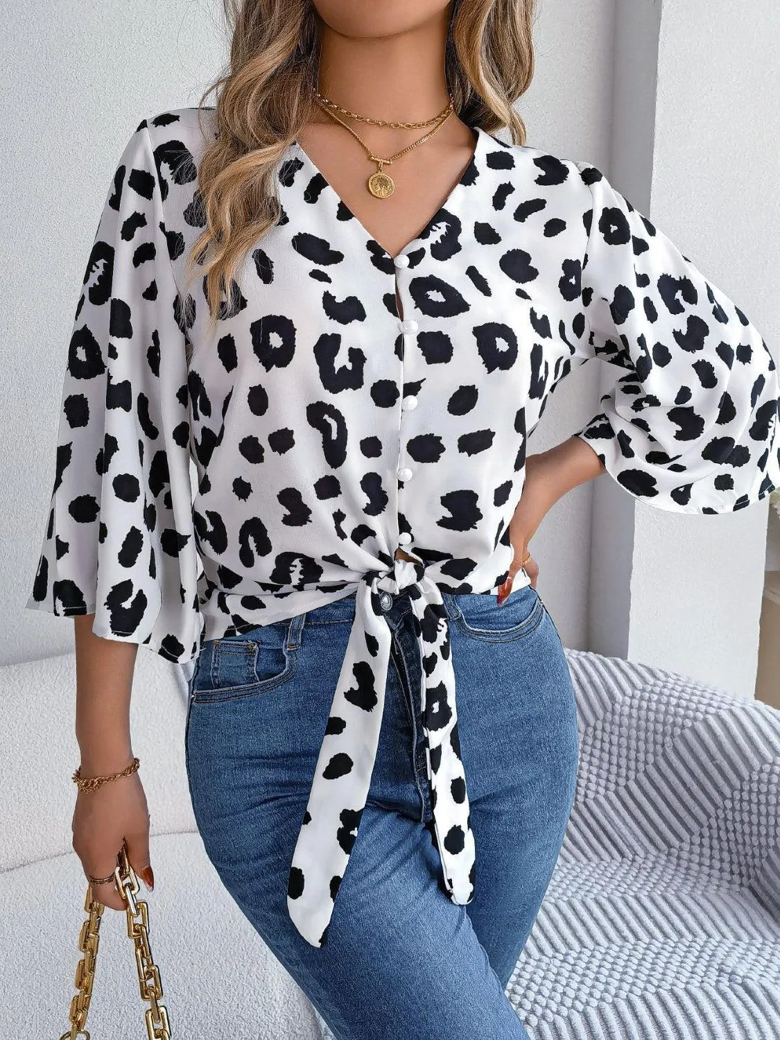 Leopard Print Tie Front Three Quarter Sleeve Blouse