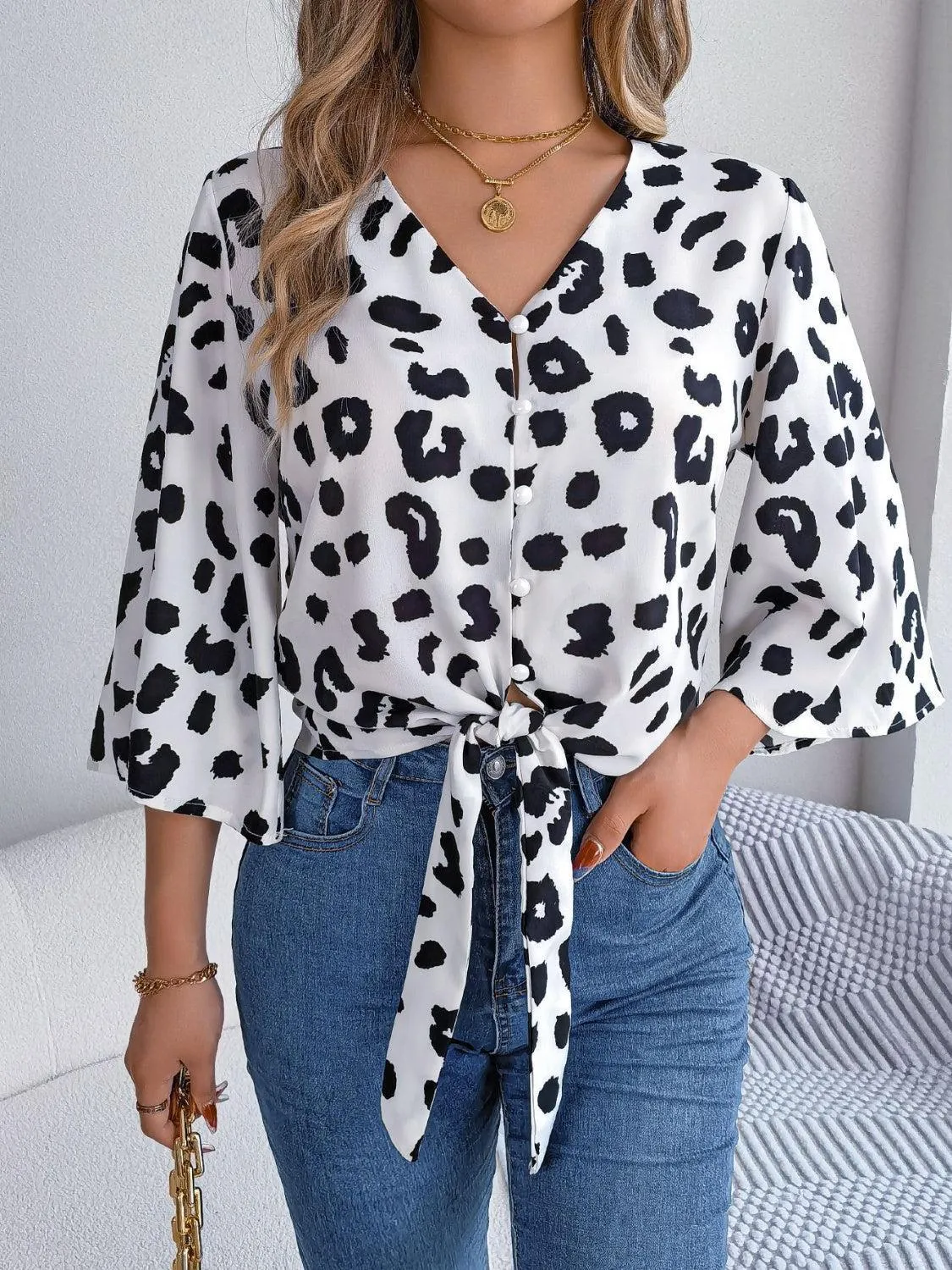 Leopard Print Tie Front Three Quarter Sleeve Blouse