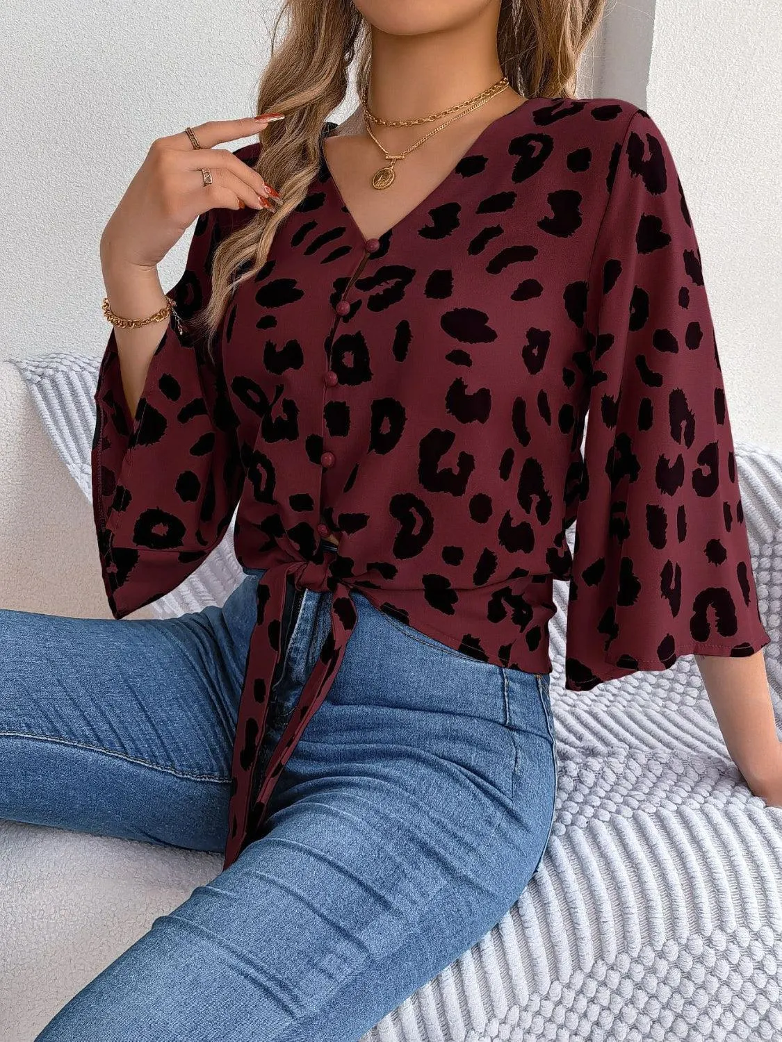 Leopard Print Tie Front Three Quarter Sleeve Blouse