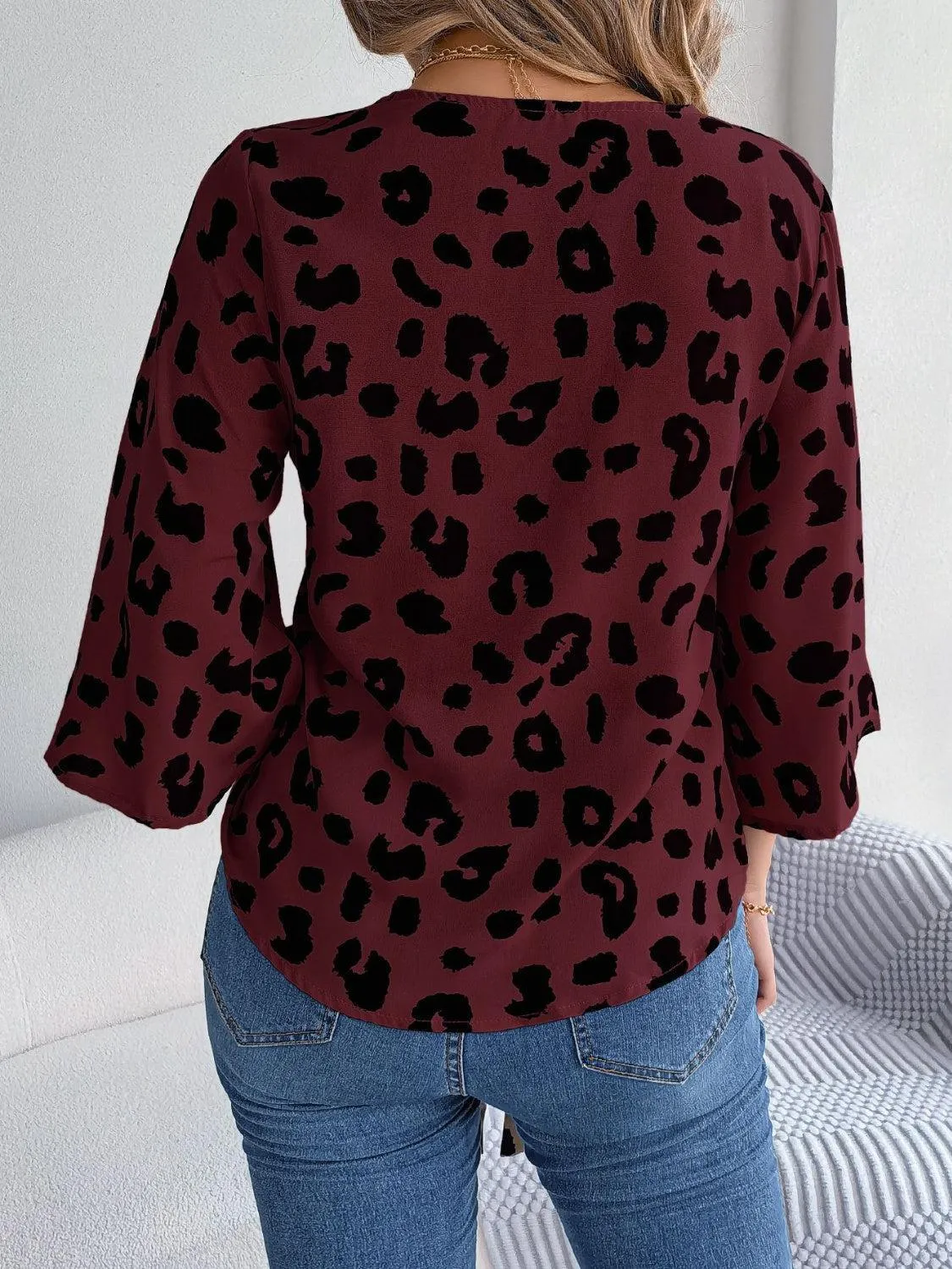 Leopard Print Tie Front Three Quarter Sleeve Blouse