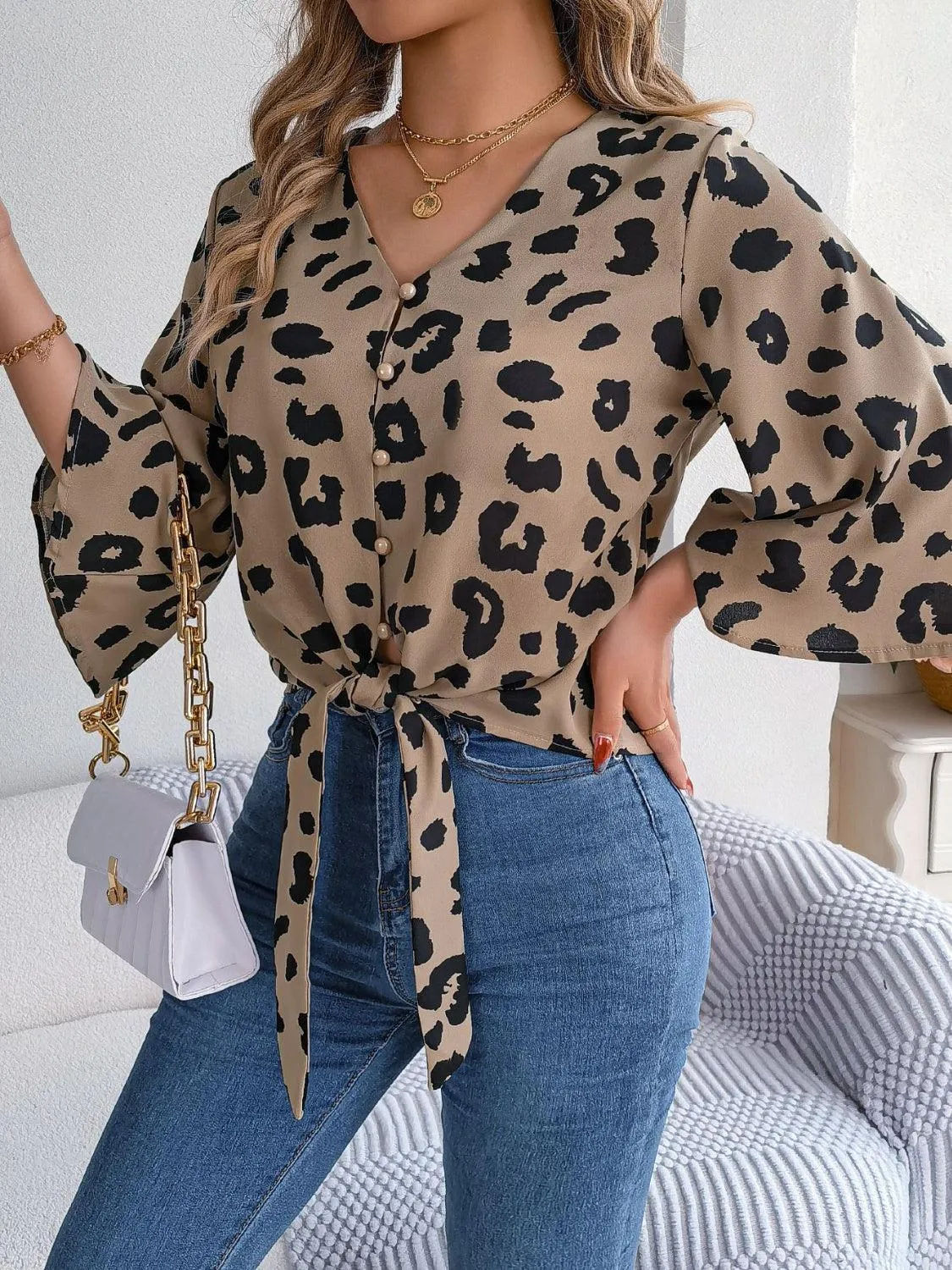 Leopard Print Tie Front Three Quarter Sleeve Blouse