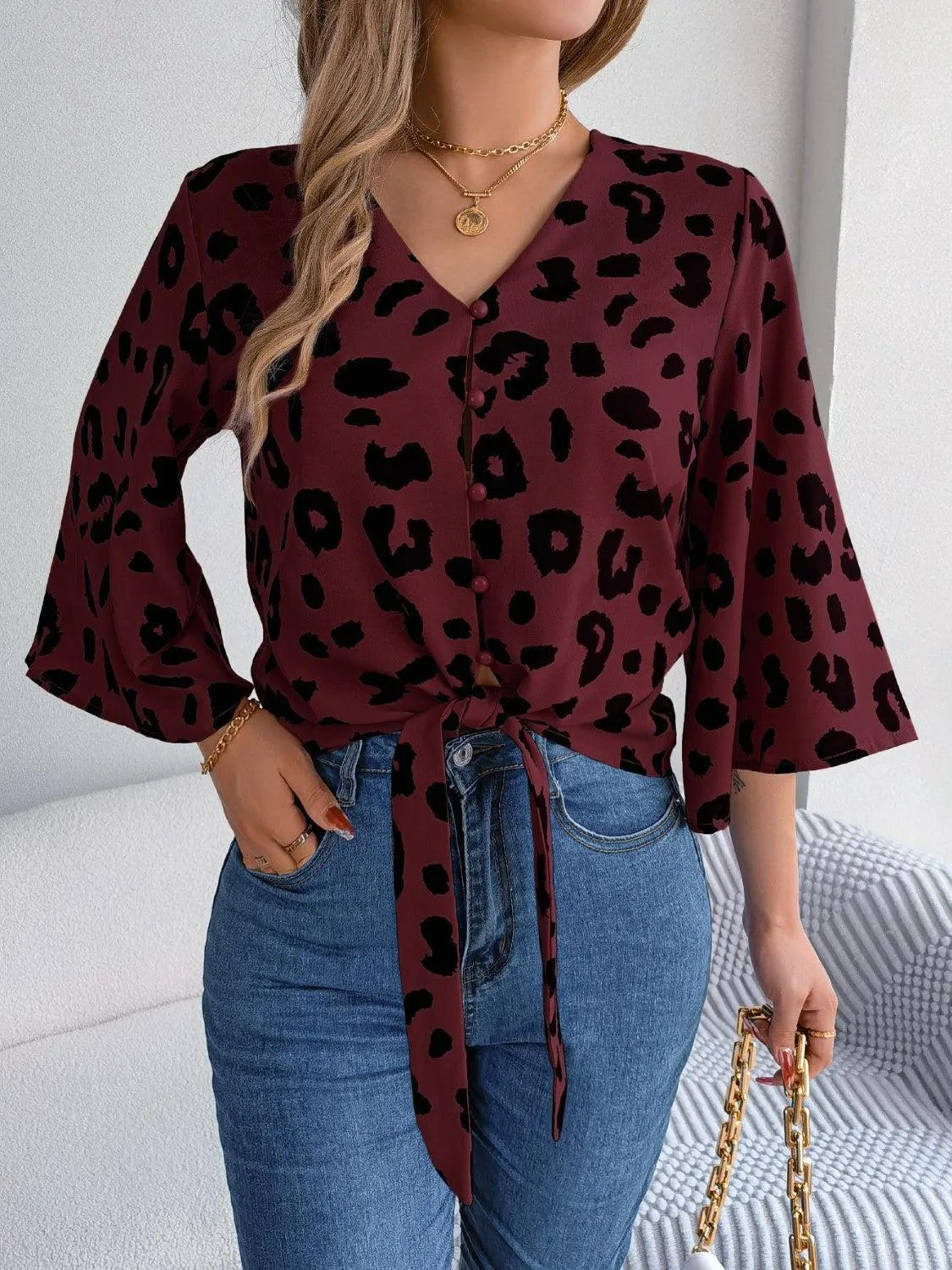 Leopard Print Tie Front Three Quarter Sleeve Blouse