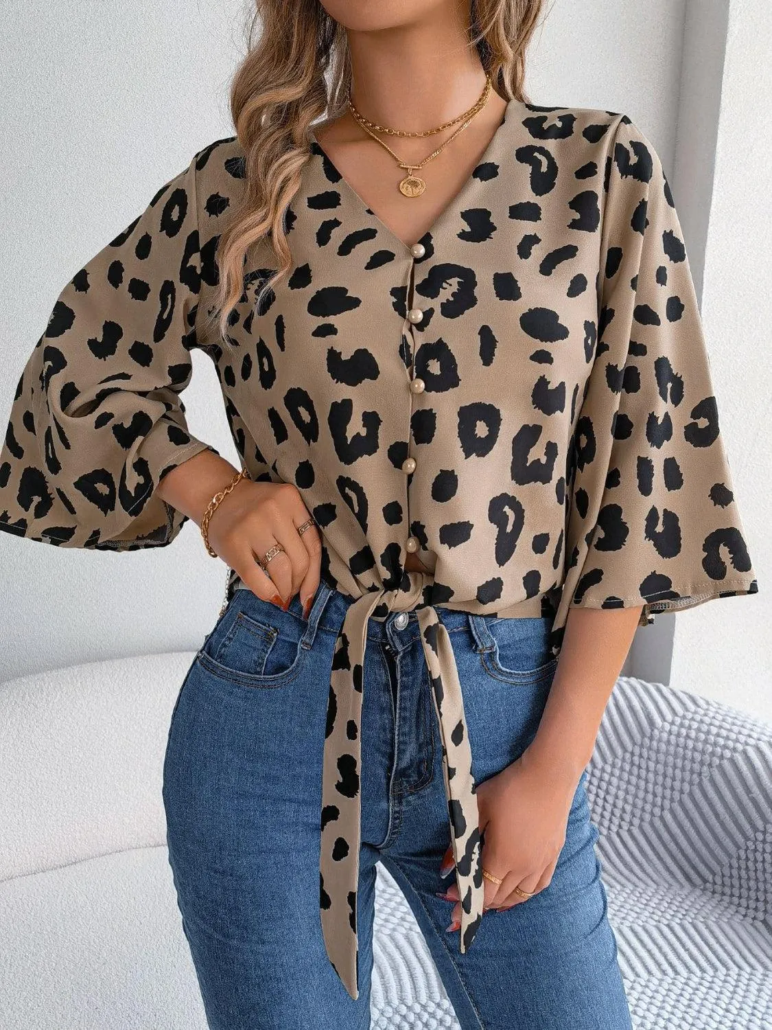 Leopard Print Tie Front Three Quarter Sleeve Blouse