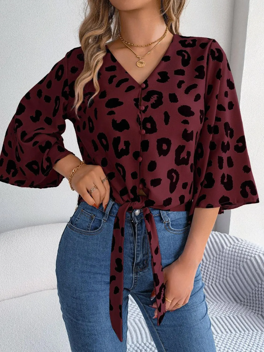 Leopard Print Tie Front Three Quarter Sleeve Blouse