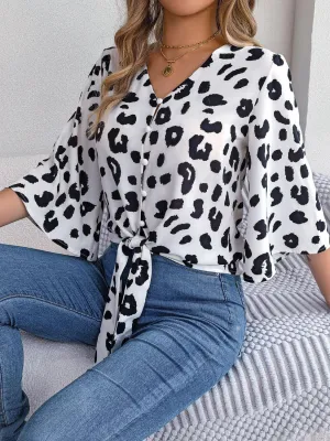 Leopard Print Tie Front Three Quarter Sleeve Blouse