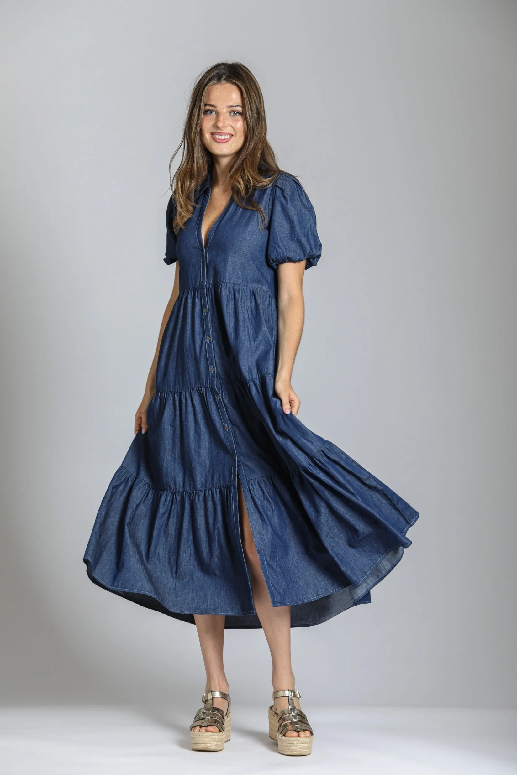 Long Tiered Dress With Puff Sleeve