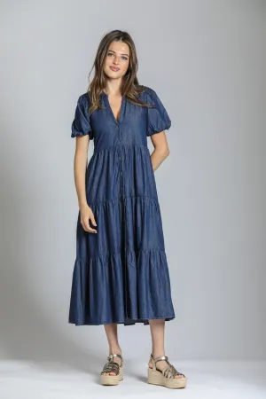 Long Tiered Dress With Puff Sleeve