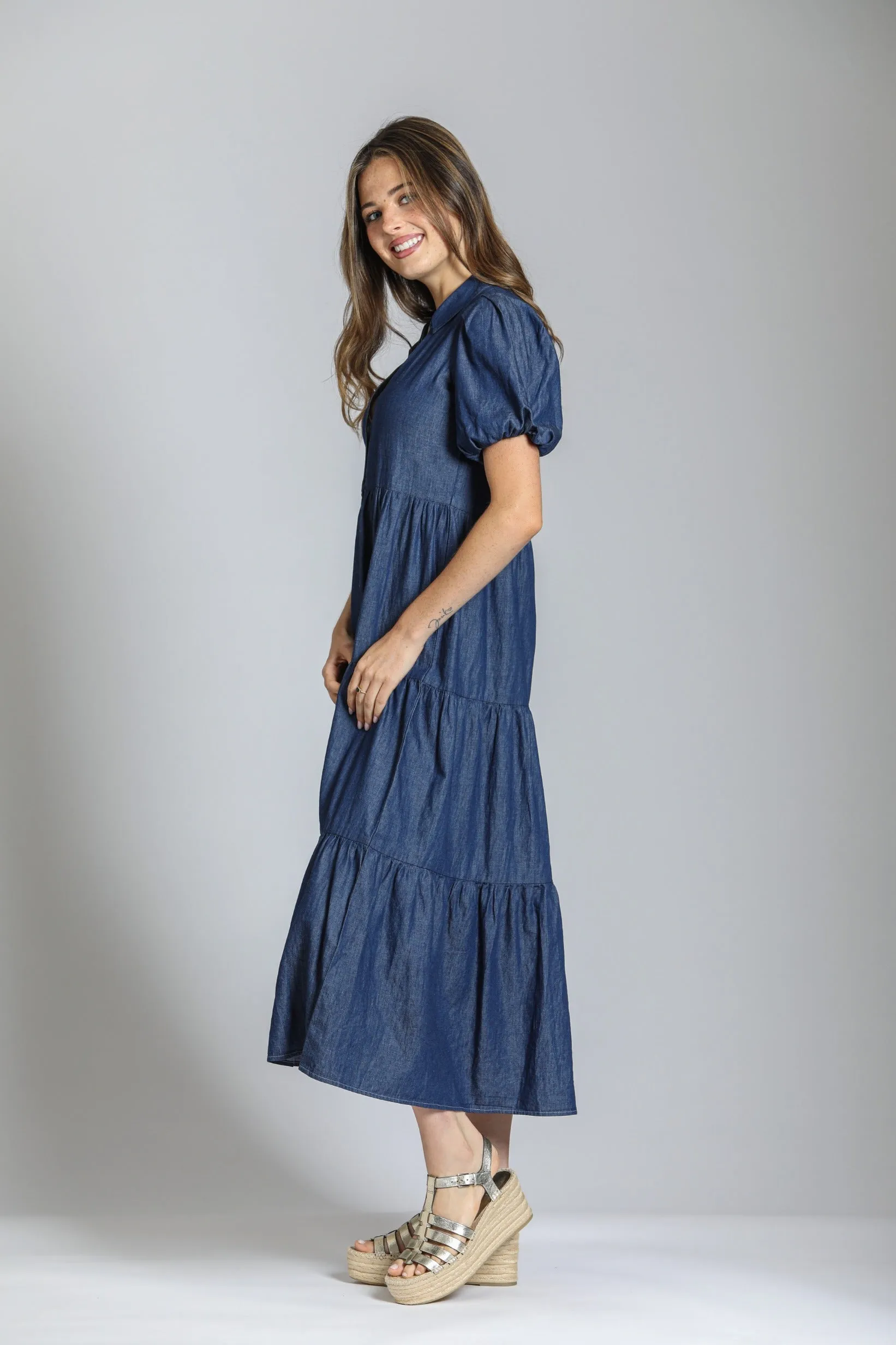 Long Tiered Dress With Puff Sleeve