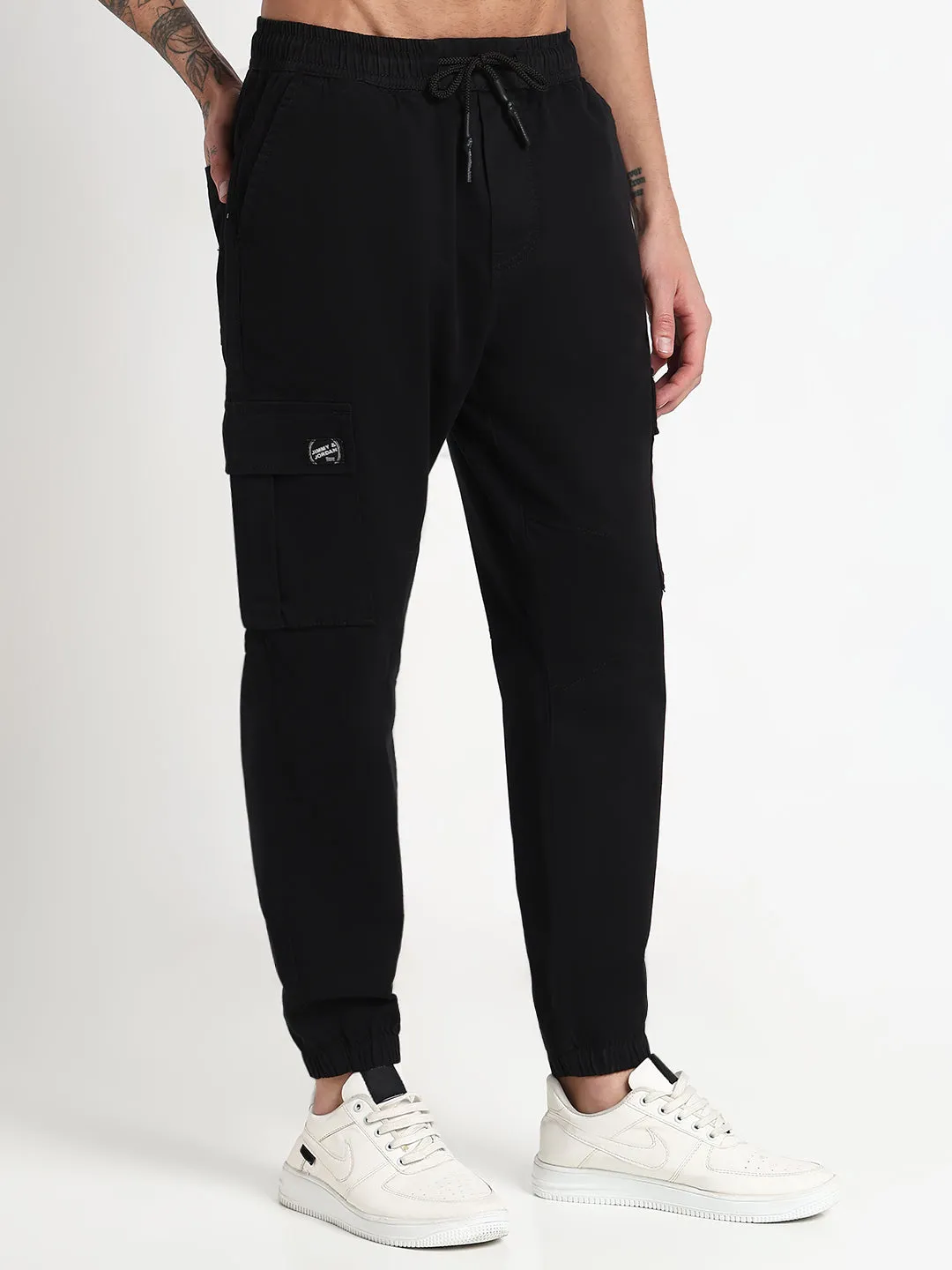 Men Black Solid Cargo Joggers