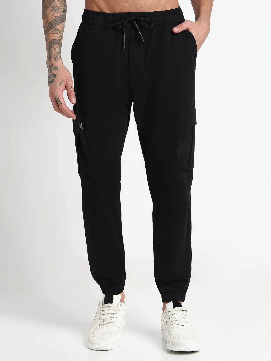 Men Black Solid Cargo Joggers