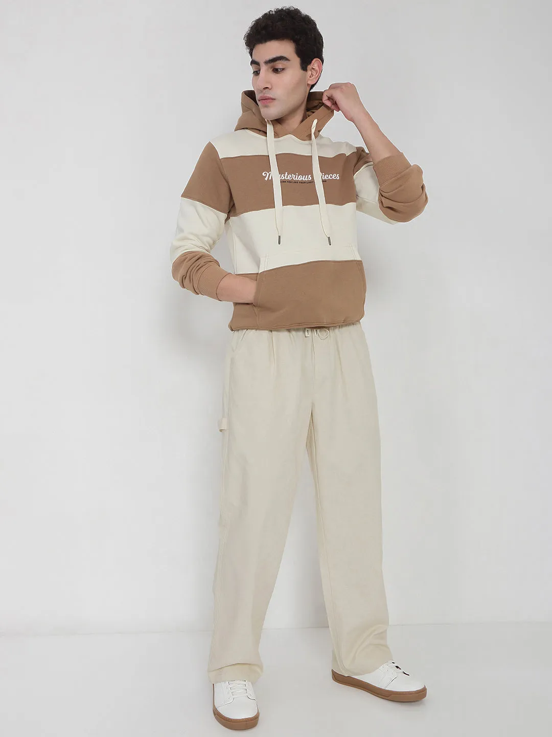 Men Cotton Cream Relaxed Fit Trousers