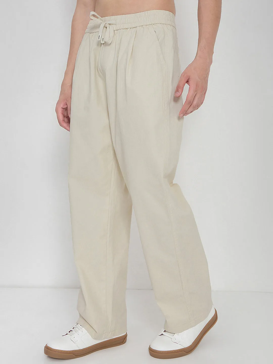 Men Cotton Cream Relaxed Fit Trousers