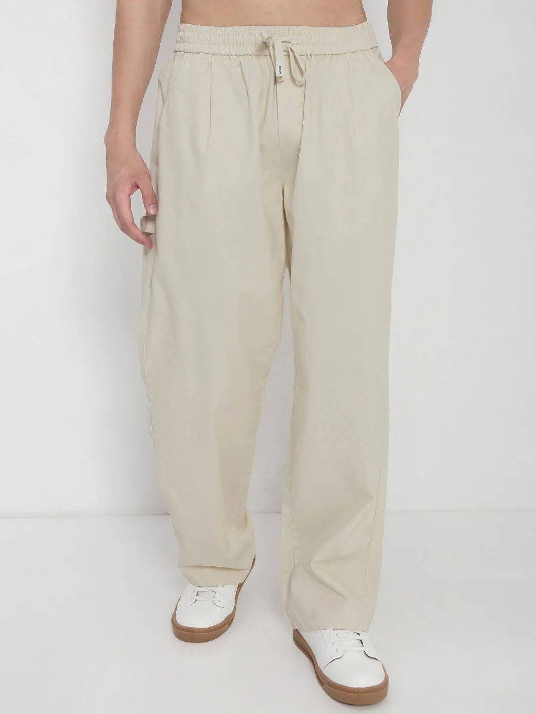 Men Cotton Cream Relaxed Fit Trousers