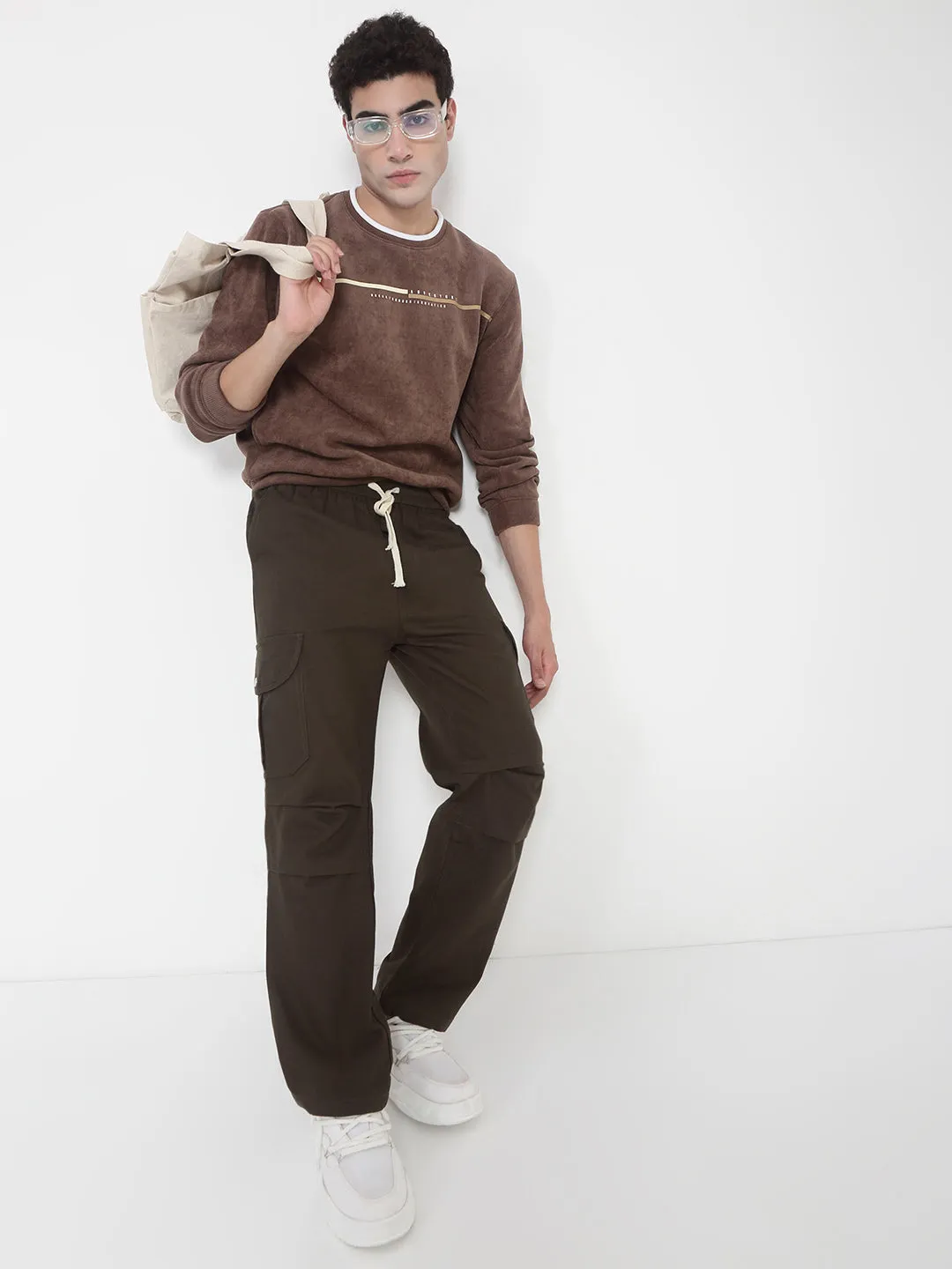 Men Cotton Olive Straight Fit Cargo Trousers