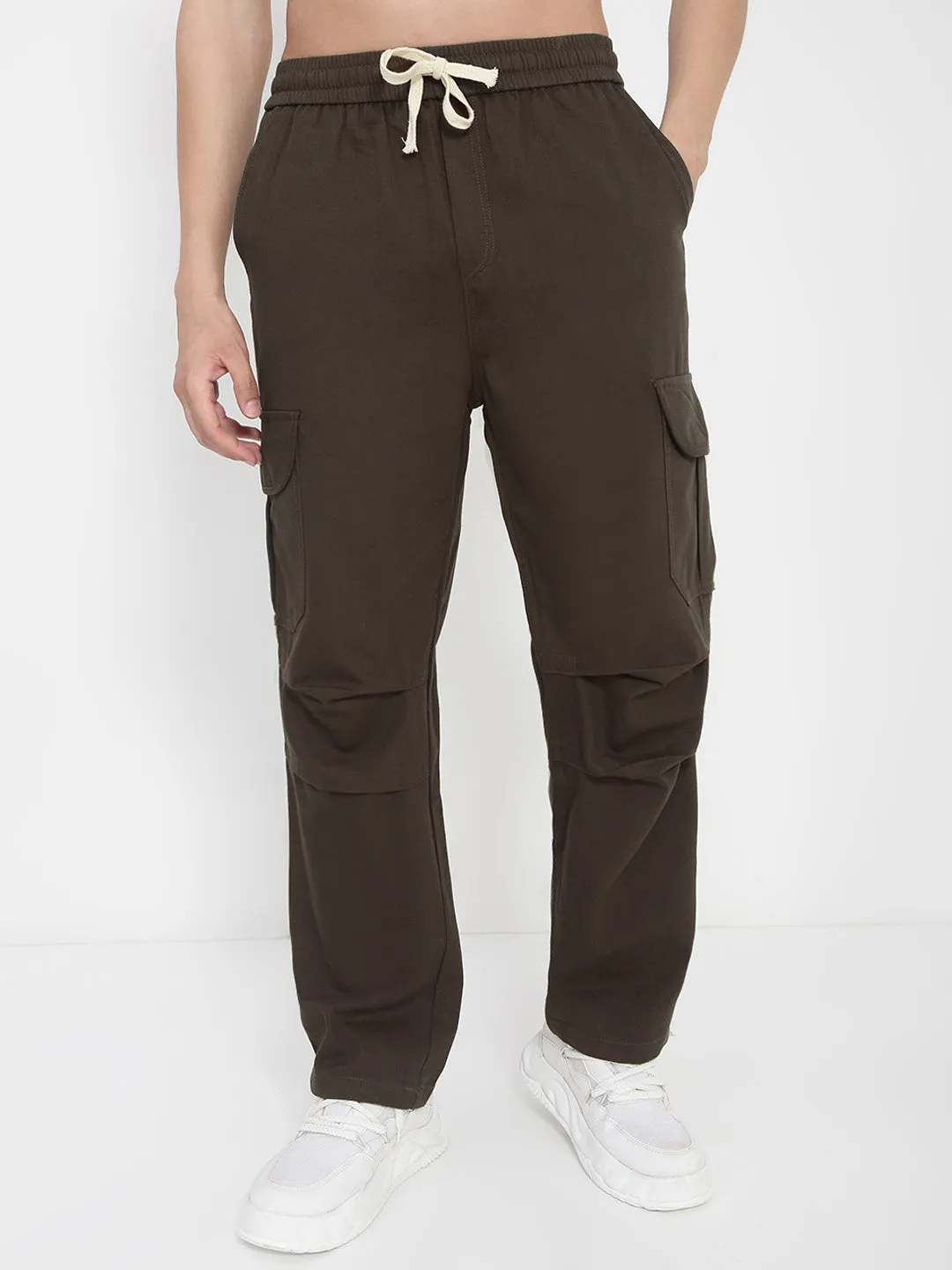 Men Cotton Olive Straight Fit Cargo Trousers