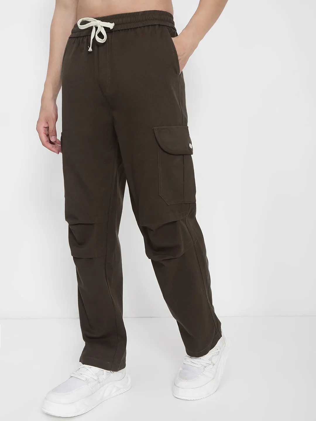 Men Cotton Olive Straight Fit Cargo Trousers
