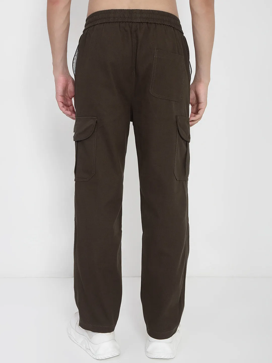 Men Cotton Olive Straight Fit Cargo Trousers