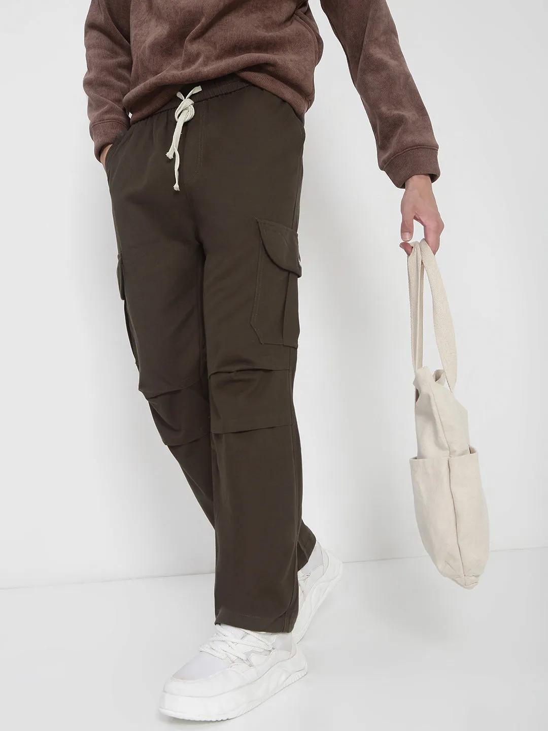 Men Cotton Olive Straight Fit Cargo Trousers