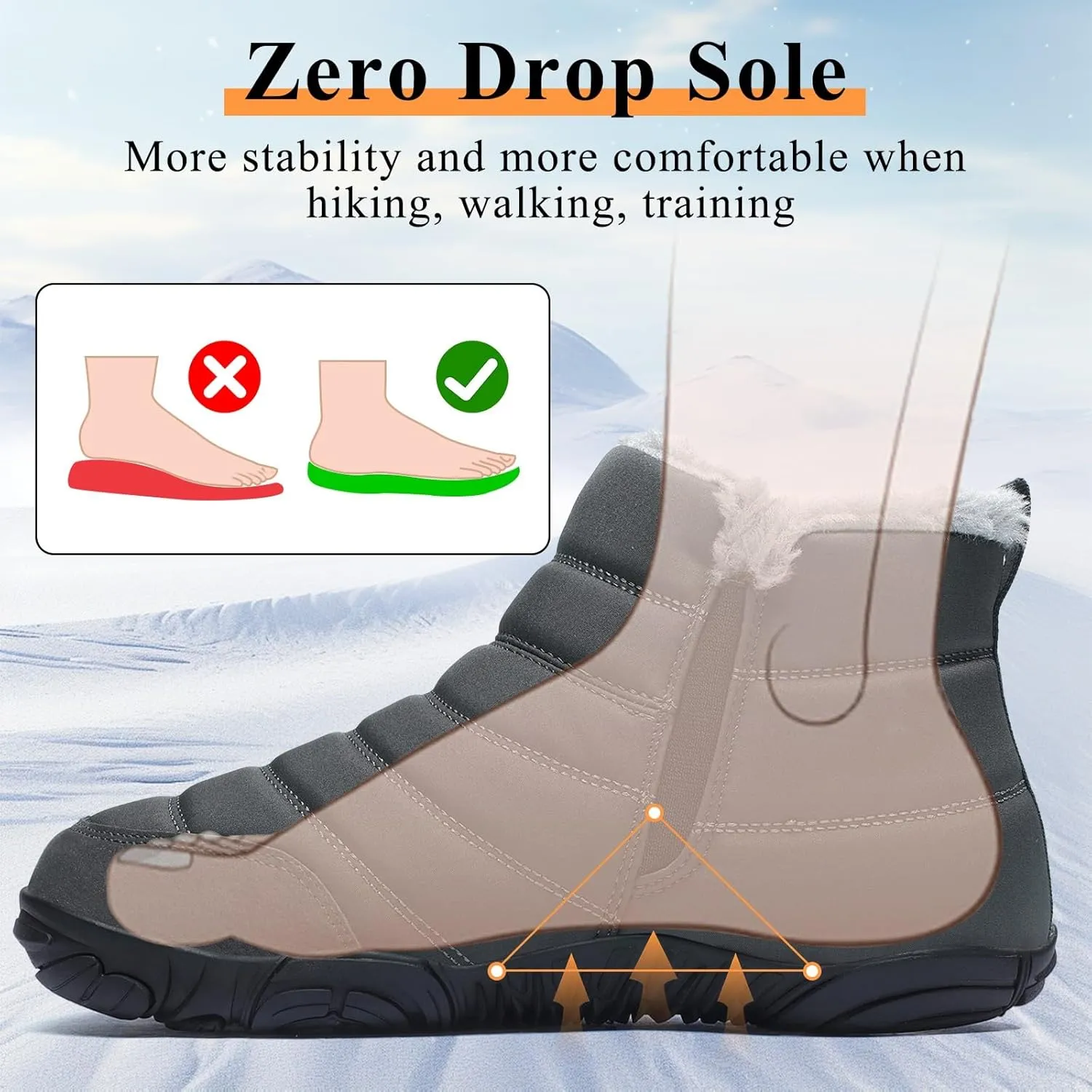 Mens Womens Winter Snow Boots Wide Toe Box Barefoot boot Fur Lined Minimalist Zero Drop Sole Walking Shoes