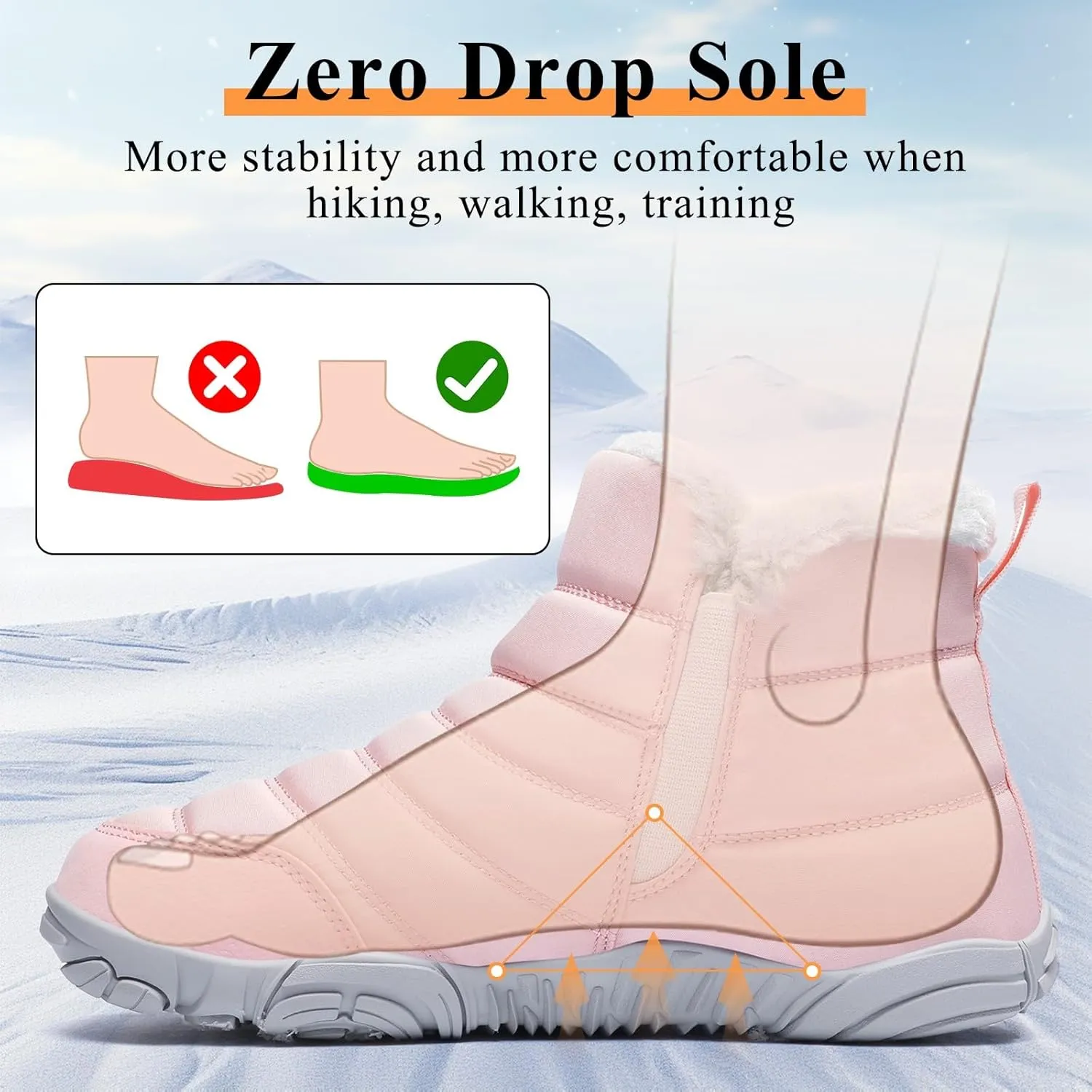 Mens Womens Winter Snow Boots Wide Toe Box Barefoot boot Fur Lined Minimalist Zero Drop Sole Walking Shoes