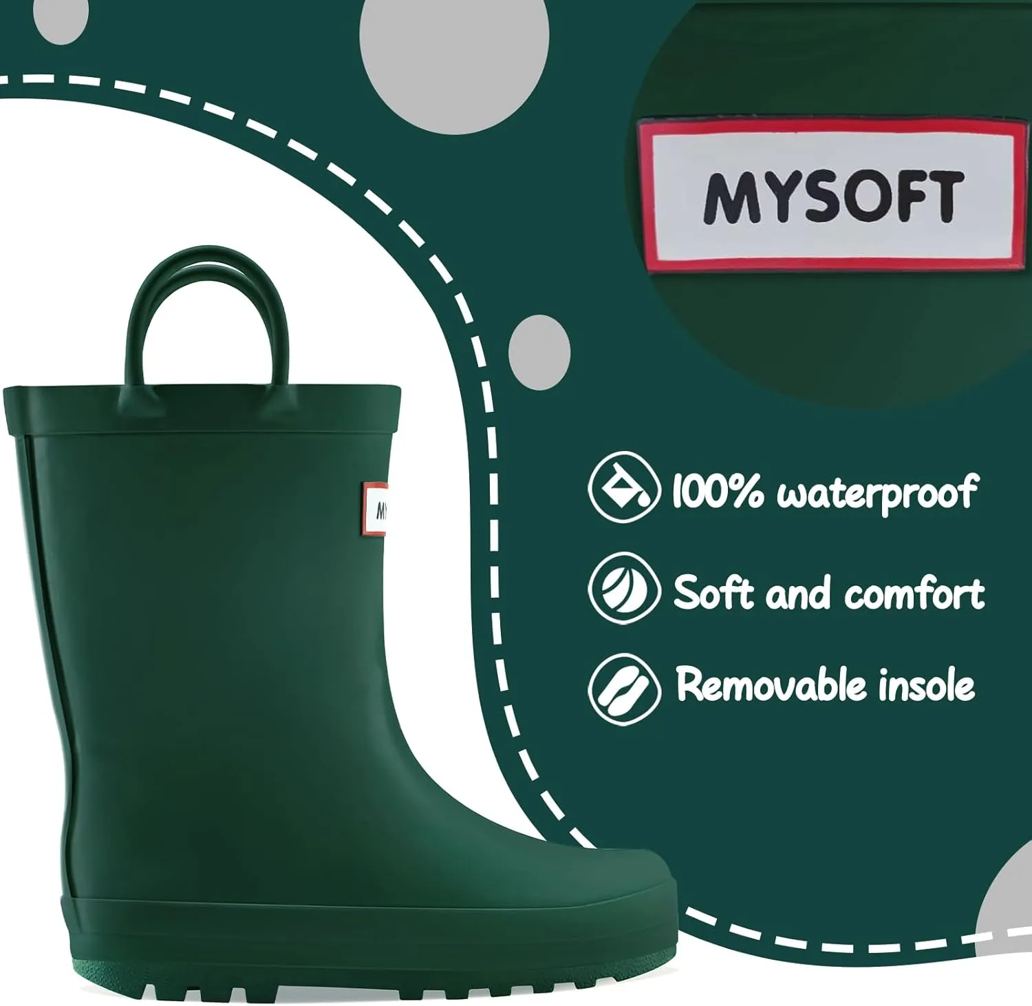 mysoft Kids Rain Boots for Girls Boys Toddler Waterproof Rubber Cute Printed with Easy-On Handles