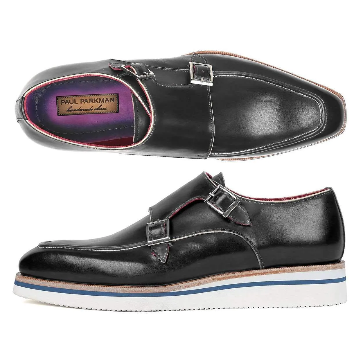 Paul Parkman Men's Black Calf-Skin Leather Monk-Straps Loafers 189-BLK-LTH (PM6119)