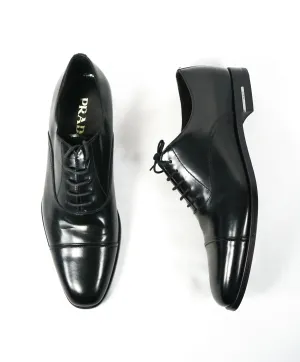 PRADA - Leather Cap Toe Spazzolato Oxfords With Logo Inset Heel - 9