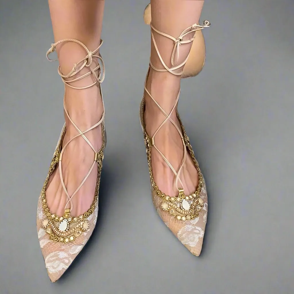 Regency Era Shoes - Lace Pointed Toe Flats Sandals Heels - Bridgerton Shoes