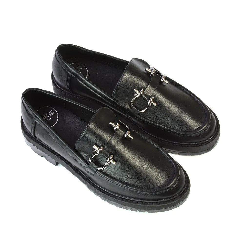 Riley Chunky Block Heel Loafers With Silver Buckle in Black Synthetic Leather