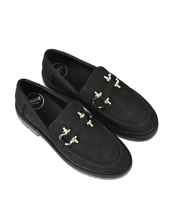 Riley Chunky Block Heel Loafers With Silver Buckle in Black Synthetic Leather