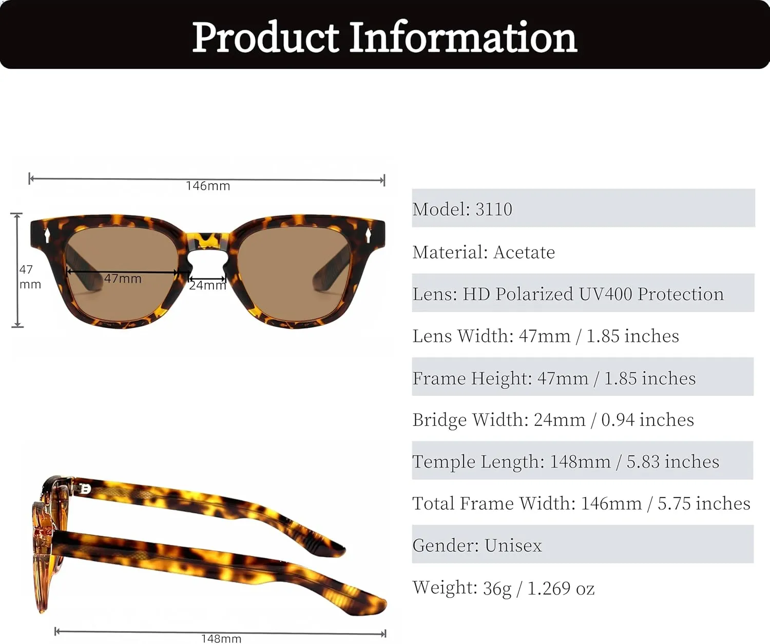 ROCKNIGHT Designer Acetate Classic HD Polarized Sunglasses UV400 Protection Unisex Outdoor Anti Glare Shades Flat Lens