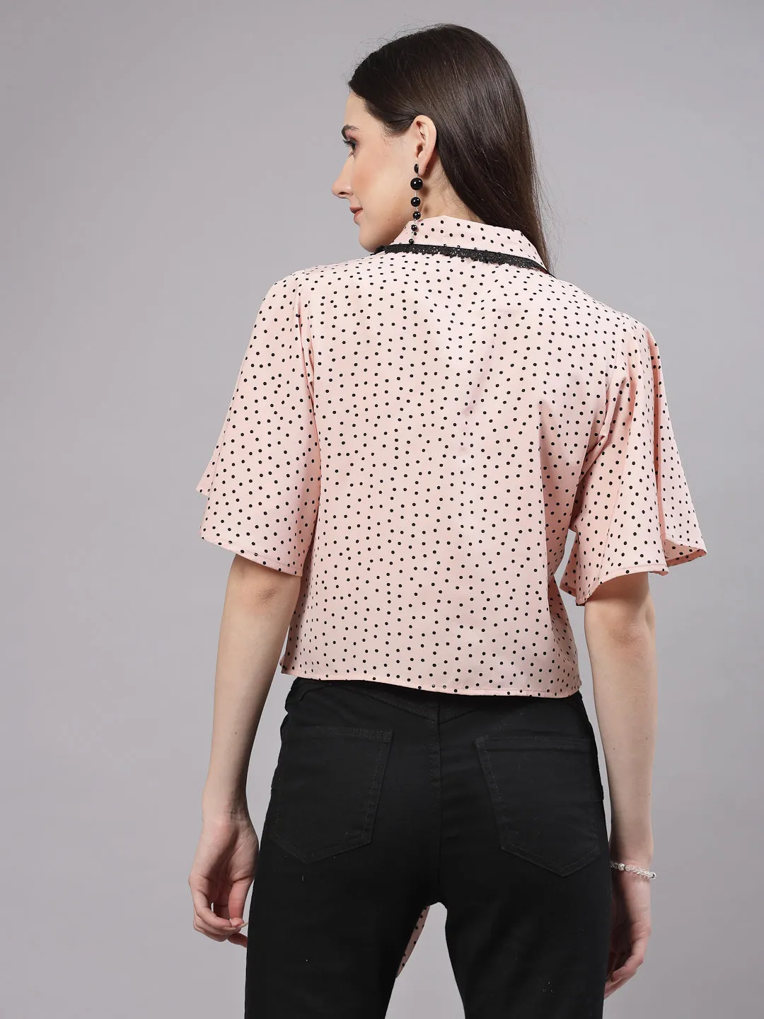 Style Quotient Women Nude And Black Polka Dot Polycrepe Tie Ups Top