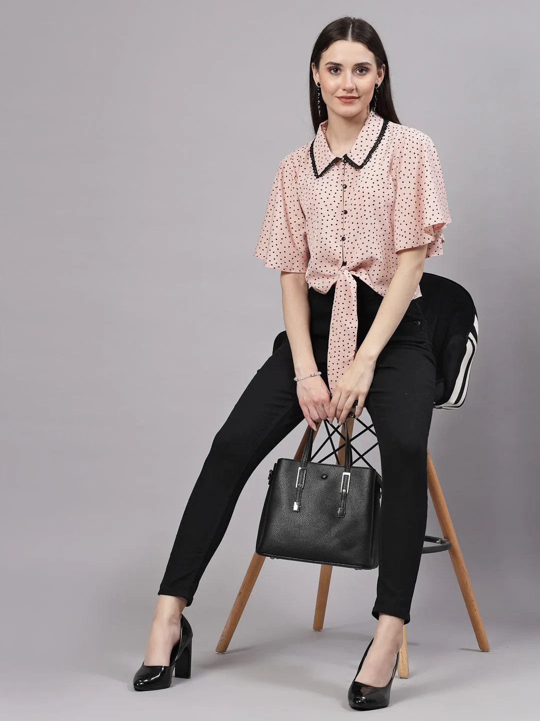 Style Quotient Women Nude And Black Polka Dot Polycrepe Tie Ups Top