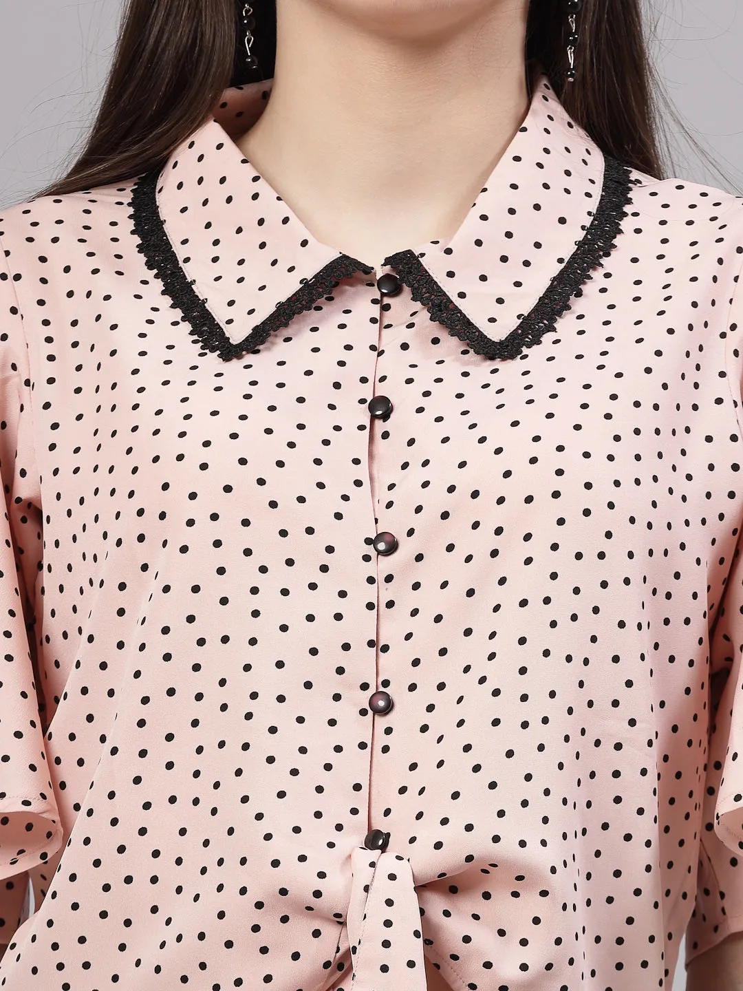 Style Quotient Women Nude And Black Polka Dot Polycrepe Tie Ups Top