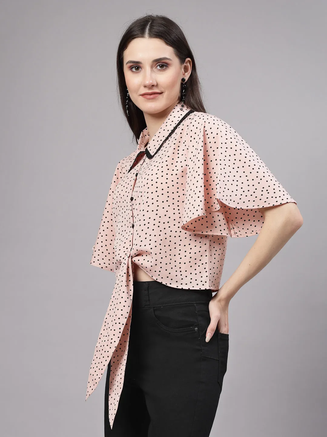 Style Quotient Women Nude And Black Polka Dot Polycrepe Tie Ups Top