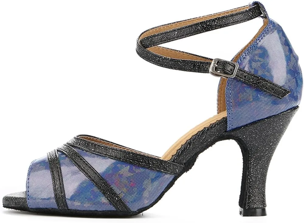 TDA Women's Ankle Strap Peep Toe Classic Leather Salsa Tango Ballroom Latin Modern Dance Wedding Shoes
