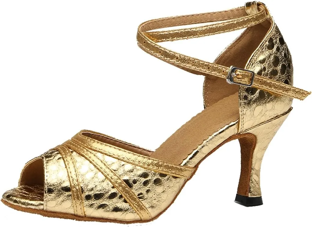 TDA Women's Ankle Strap Peep Toe Classic Leather Salsa Tango Ballroom Latin Modern Dance Wedding Shoes