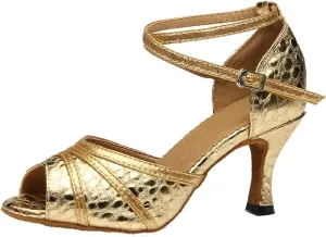 TDA Women's Ankle Strap Peep Toe Classic Leather Salsa Tango Ballroom Latin Modern Dance Wedding Shoes
