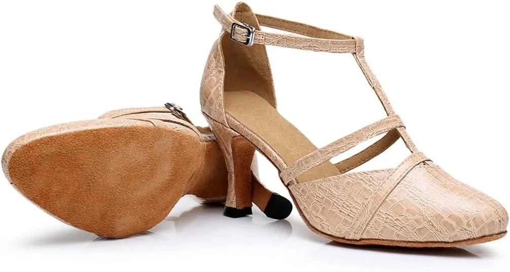 TDA Women's Classic T-strap Mid Heel Synthetic Tango Ballroom Salsa Latin Dance wedding Shoes