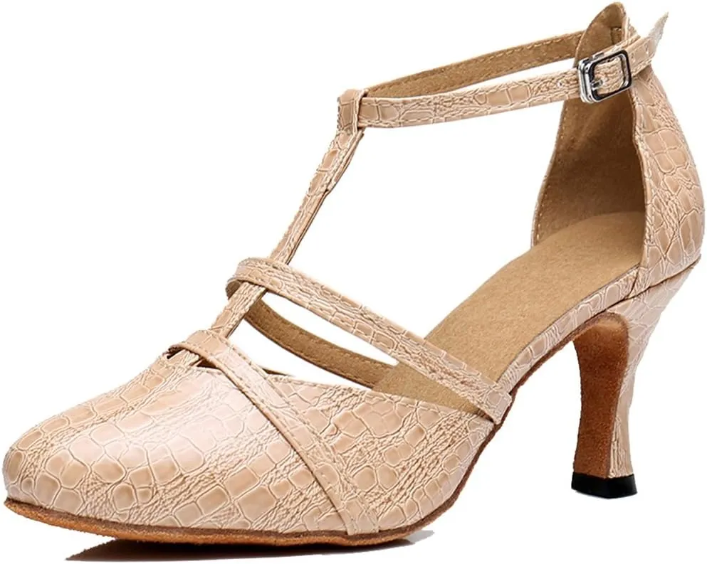 TDA Women's Classic T-strap Mid Heel Synthetic Tango Ballroom Salsa Latin Dance wedding Shoes