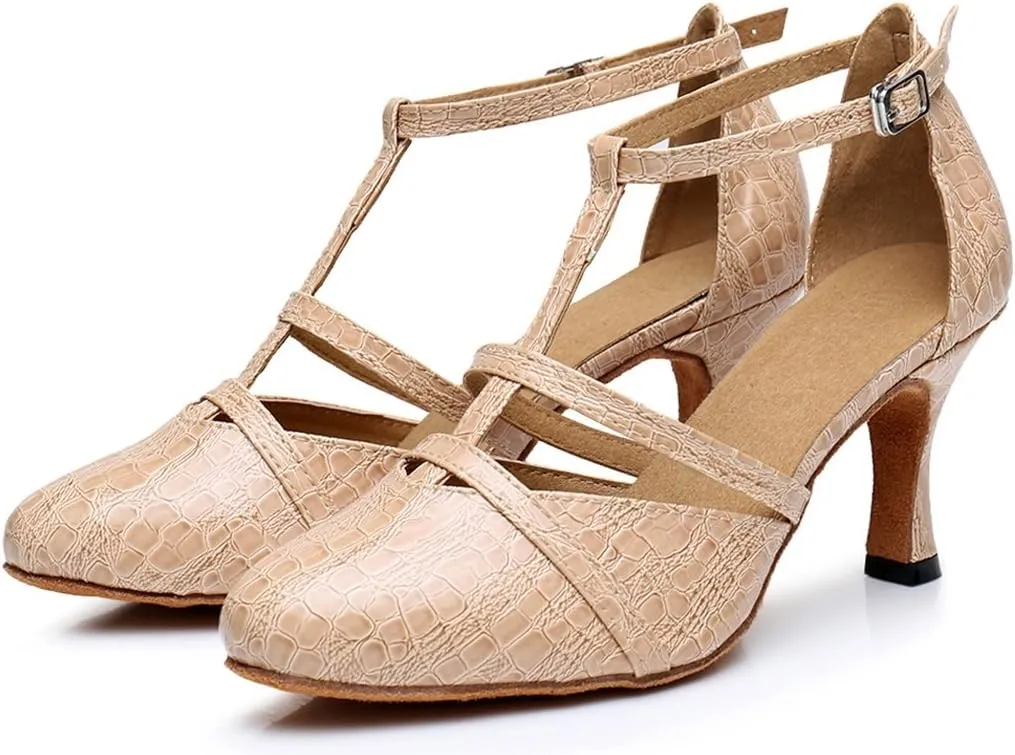 TDA Women's Classic T-strap Mid Heel Synthetic Tango Ballroom Salsa Latin Dance wedding Shoes