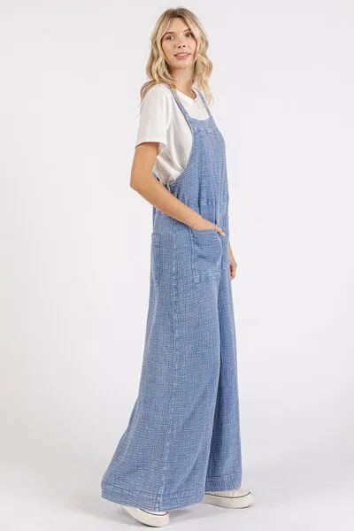 Textured Wide Leg Overalls in Blue