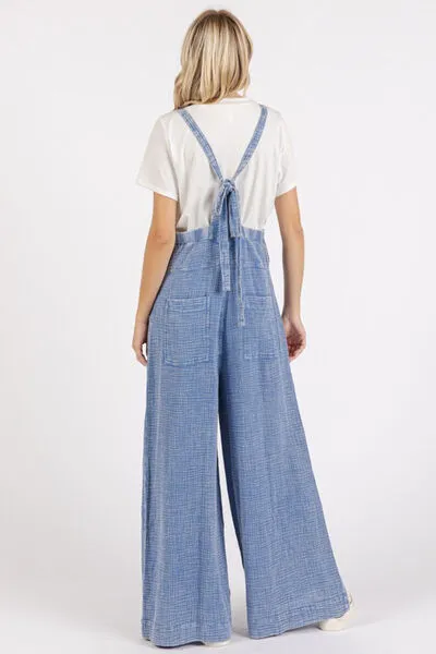 Textured Wide Leg Overalls in Blue