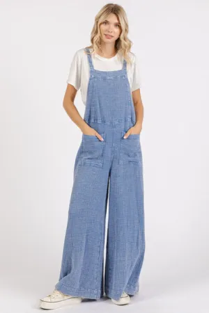 Textured Wide Leg Overalls in Blue